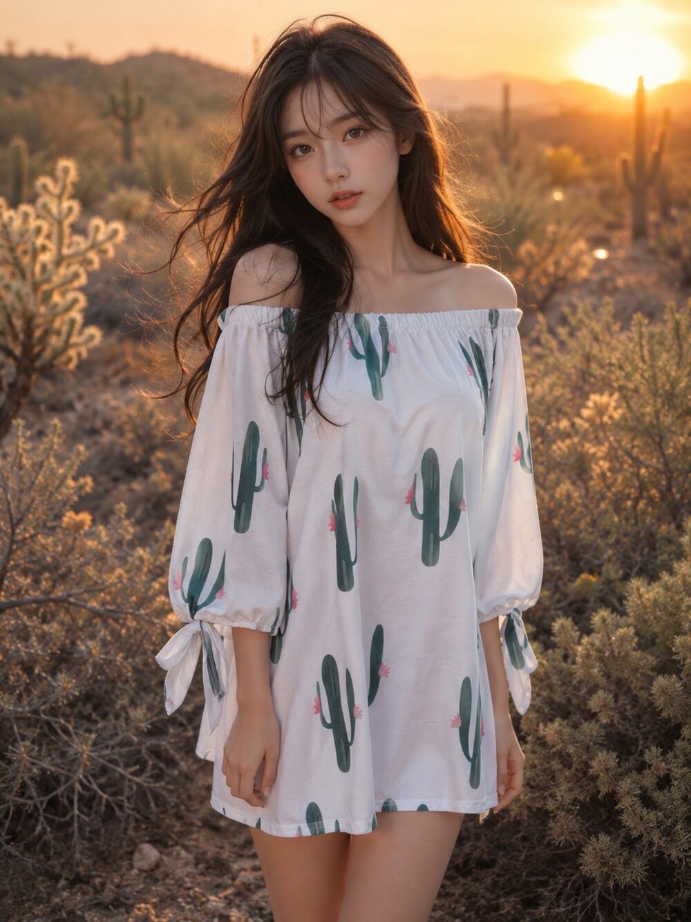 Desert Dreamer boho Cactus Print Off Shoulder Tunic Top M